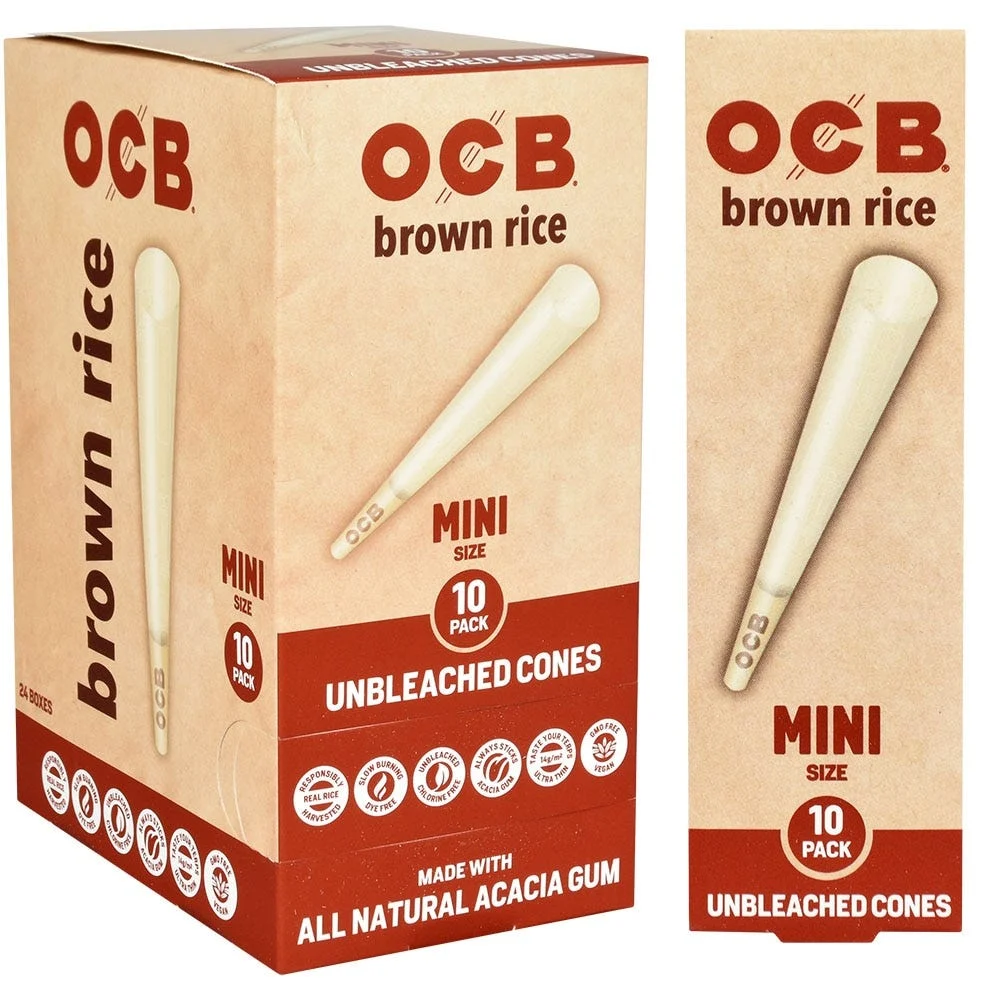 OCB Brown Rice Unbleached Cones | Mini | 10pc | 24pk Display - New