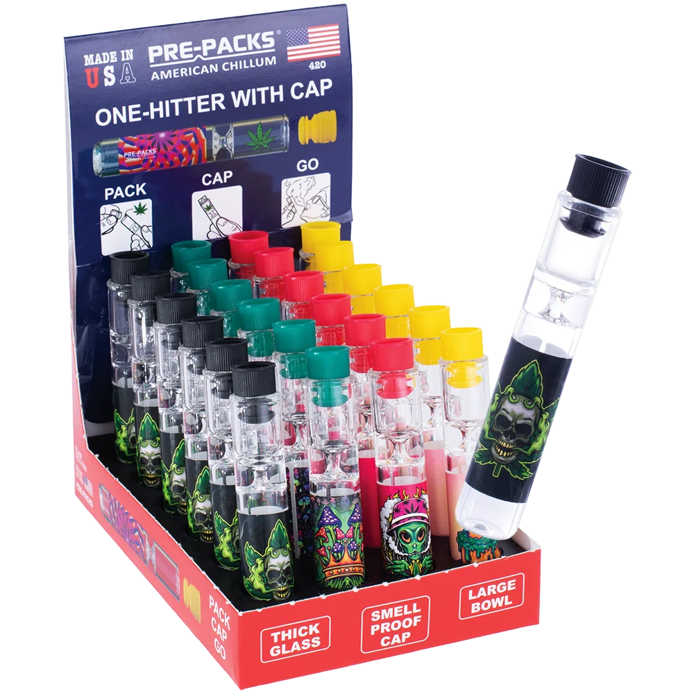 PRE-PACKS American Chillum One-Hitter with Smellproof Cap | 3.5" | Assorted Designs | 24ct Display