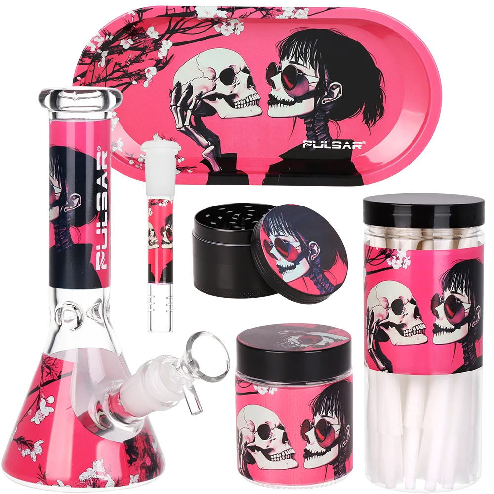 Pulsar Design Series Beaker Water Pipe Smoker's Kit | Sakura Skulls | 7.75" - New