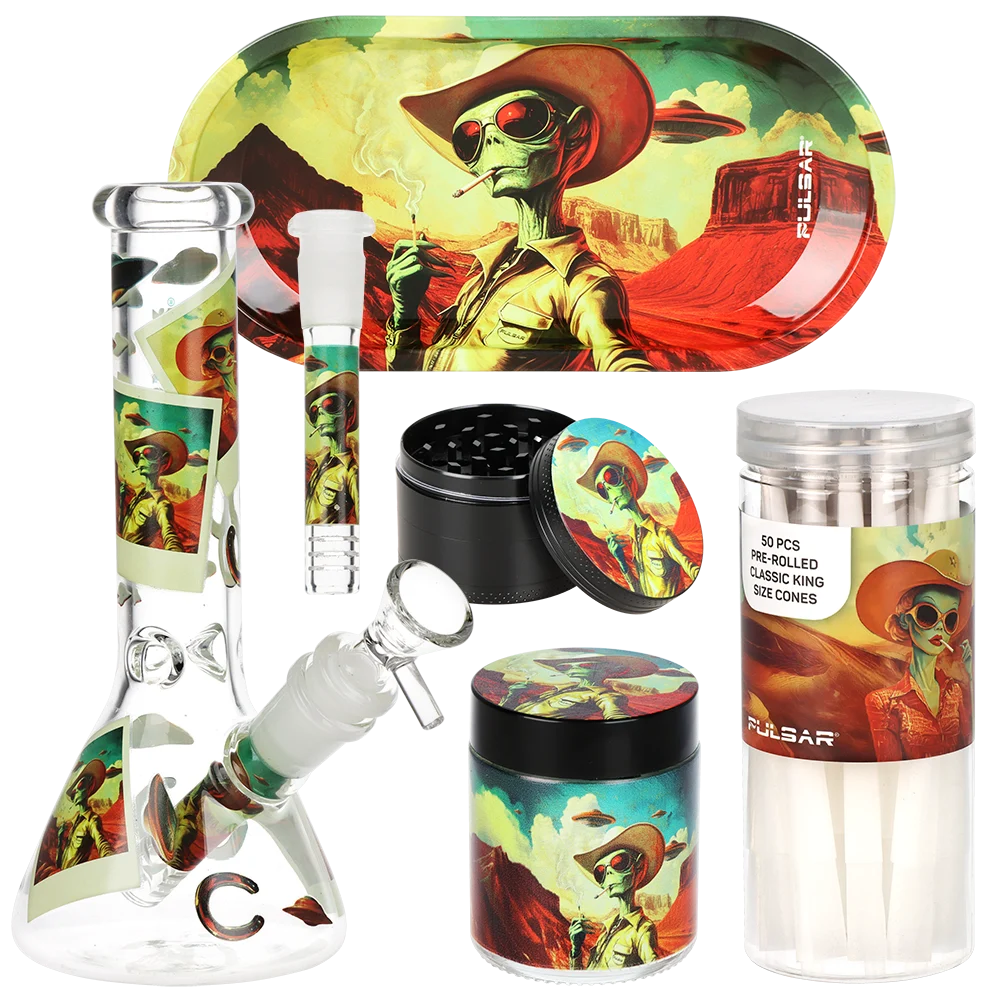 Pulsar Design Series Beaker Water Pipe V2 Smoker's Kit | Cowboy Alien | 7.75" - New