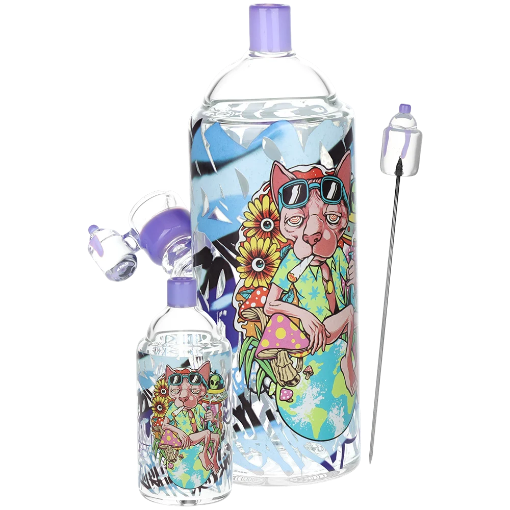 Pulsar Graffiti Series Spray Paint Glass Herb Pipe Duo | Chill Cat | 7.5" | 14mm F - New