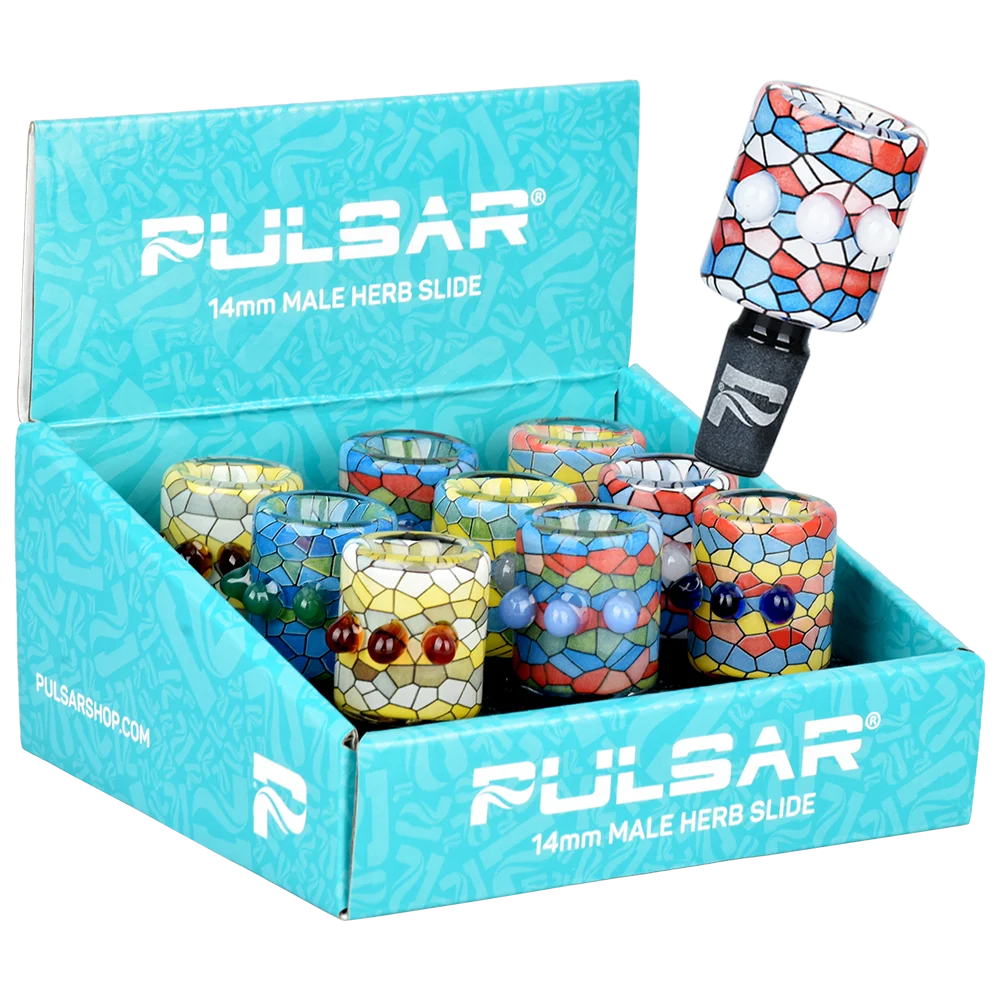 Pulsar Inside Print Mosaic Bead Grip Herb Slide | 14mm M | Assorted Colors | 9ct Display - New