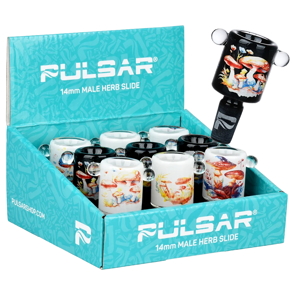 Pulsar Inside Print Shrooms Herb Slide | 14mm M | Assorted Designs | 9ct Display - New