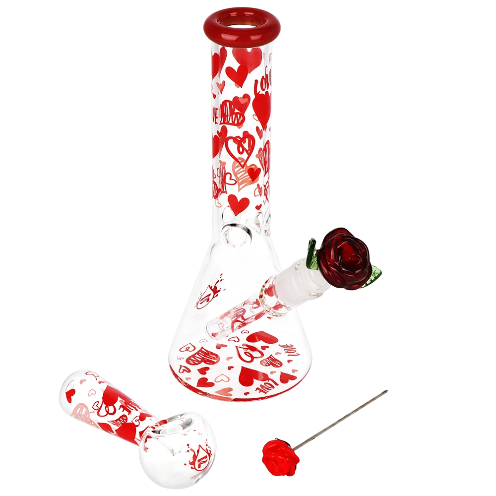 Pulsar Valentine's Hearts 'n' Roses Glass Herb Pipe Duo | 10" | 14mm F - New