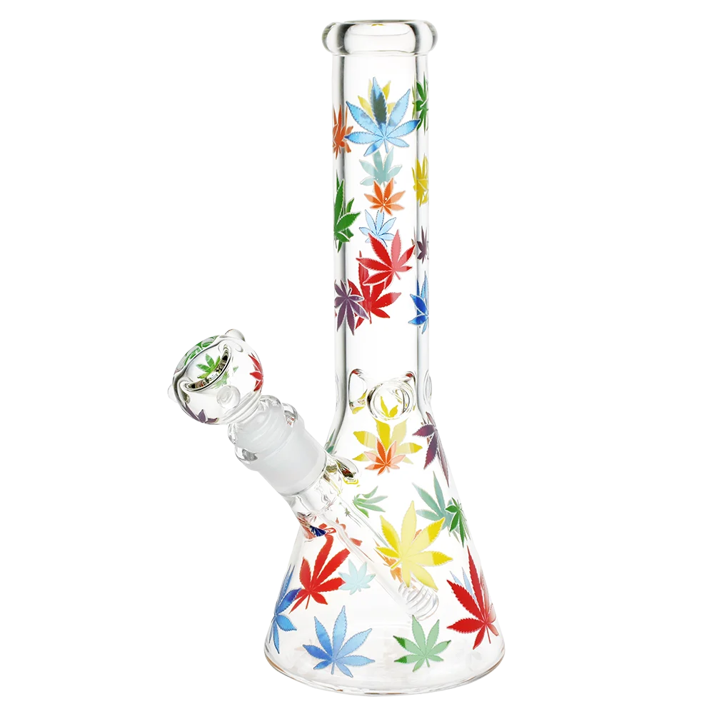 Rainbow Pride Leaf Glow Glass Beaker Water Pipe | 10.25" | 14mm F - New