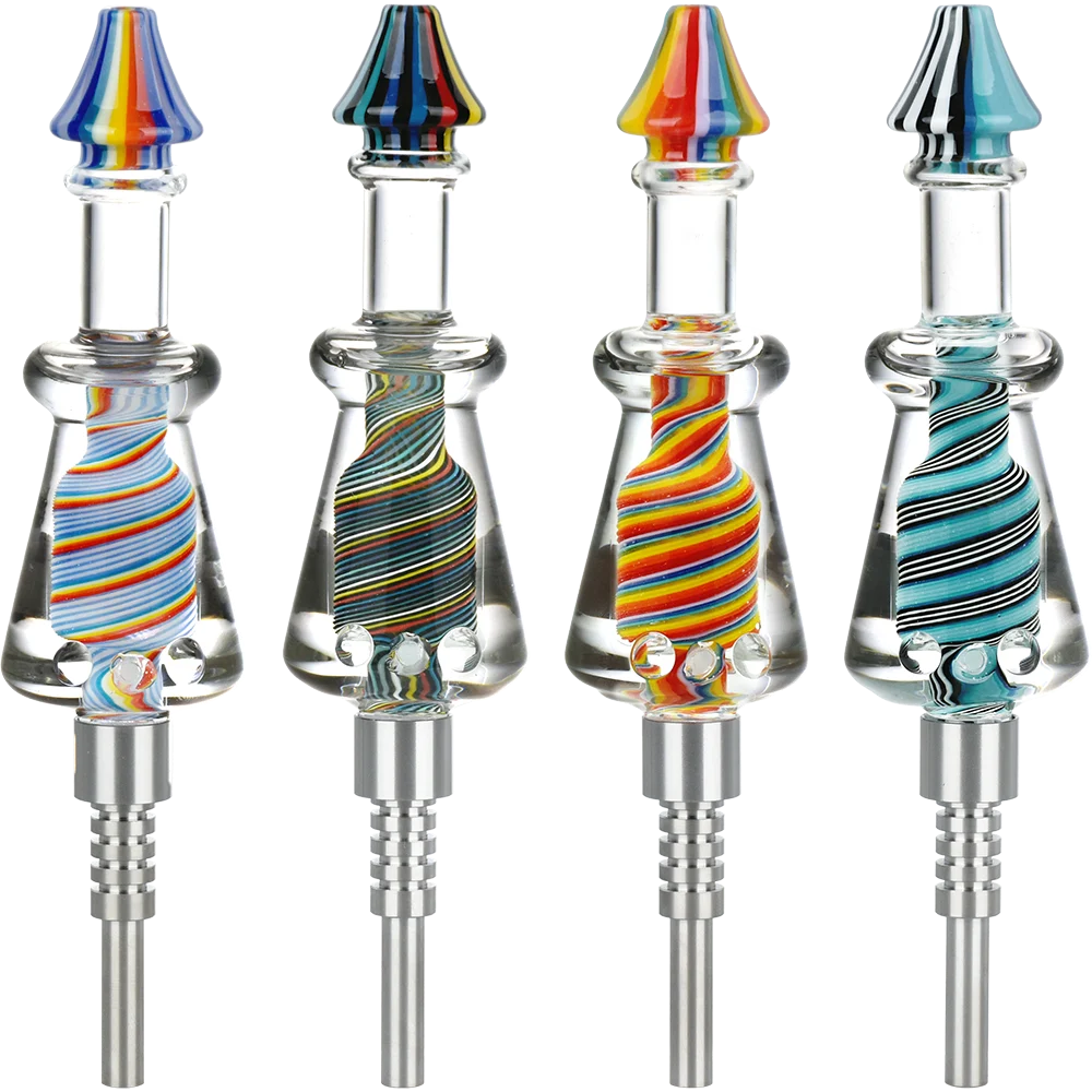 Rainbow Twist Glycerin Glass Dab Straw | Titanium Tip | 7.5" | Colors Vary - New