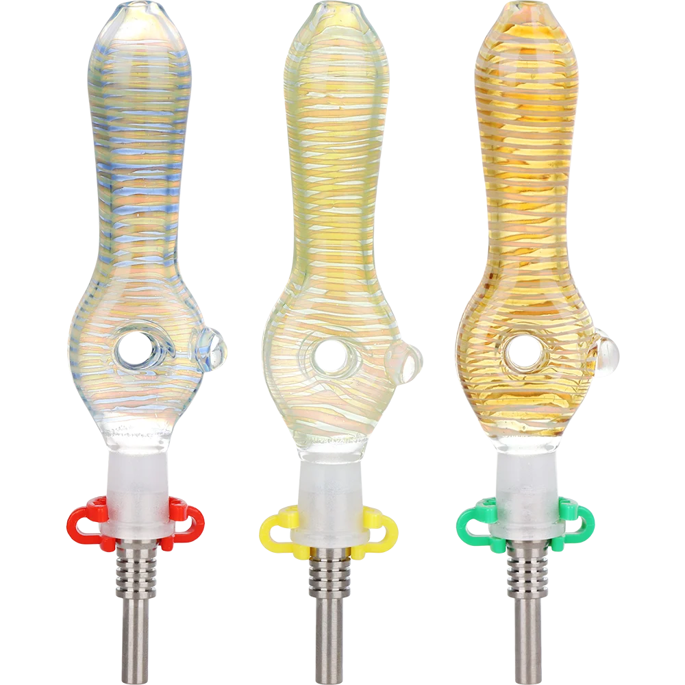 Raked Stripes Glass Dab Straw | Titanium Tip | 6" | Colors Vary - New