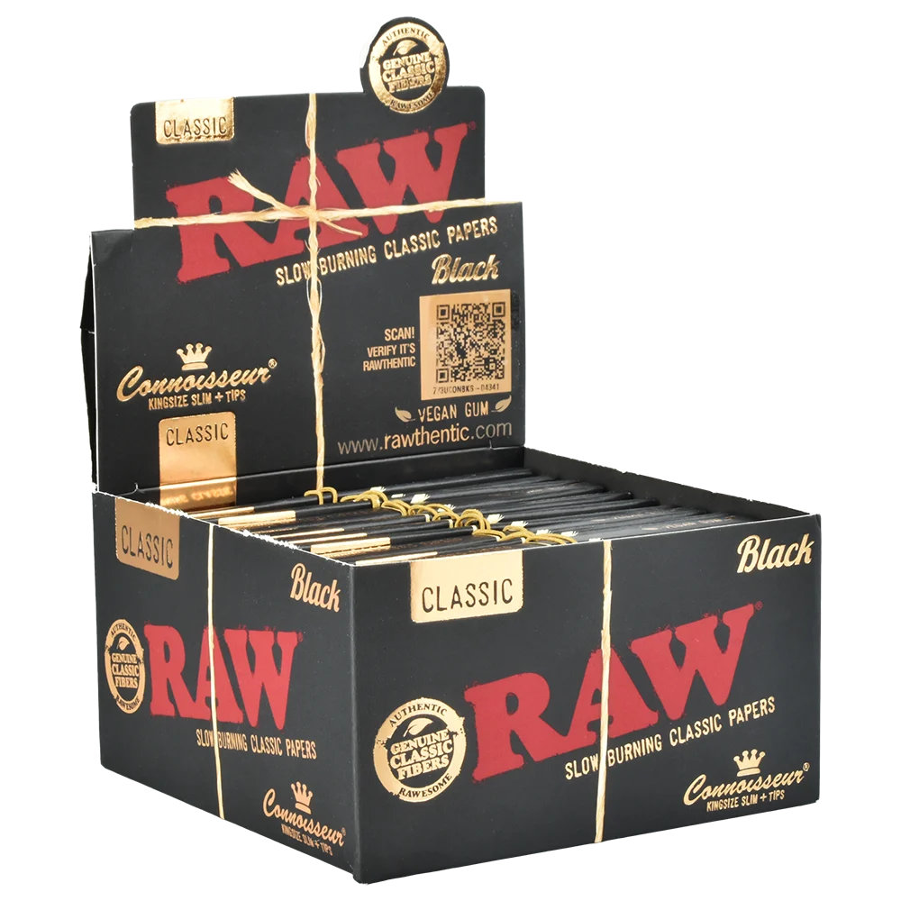 RAW Black Classic Connoisseur Rolling Papers & Tips | King Size Slim | 32pc | 24pk Display - New