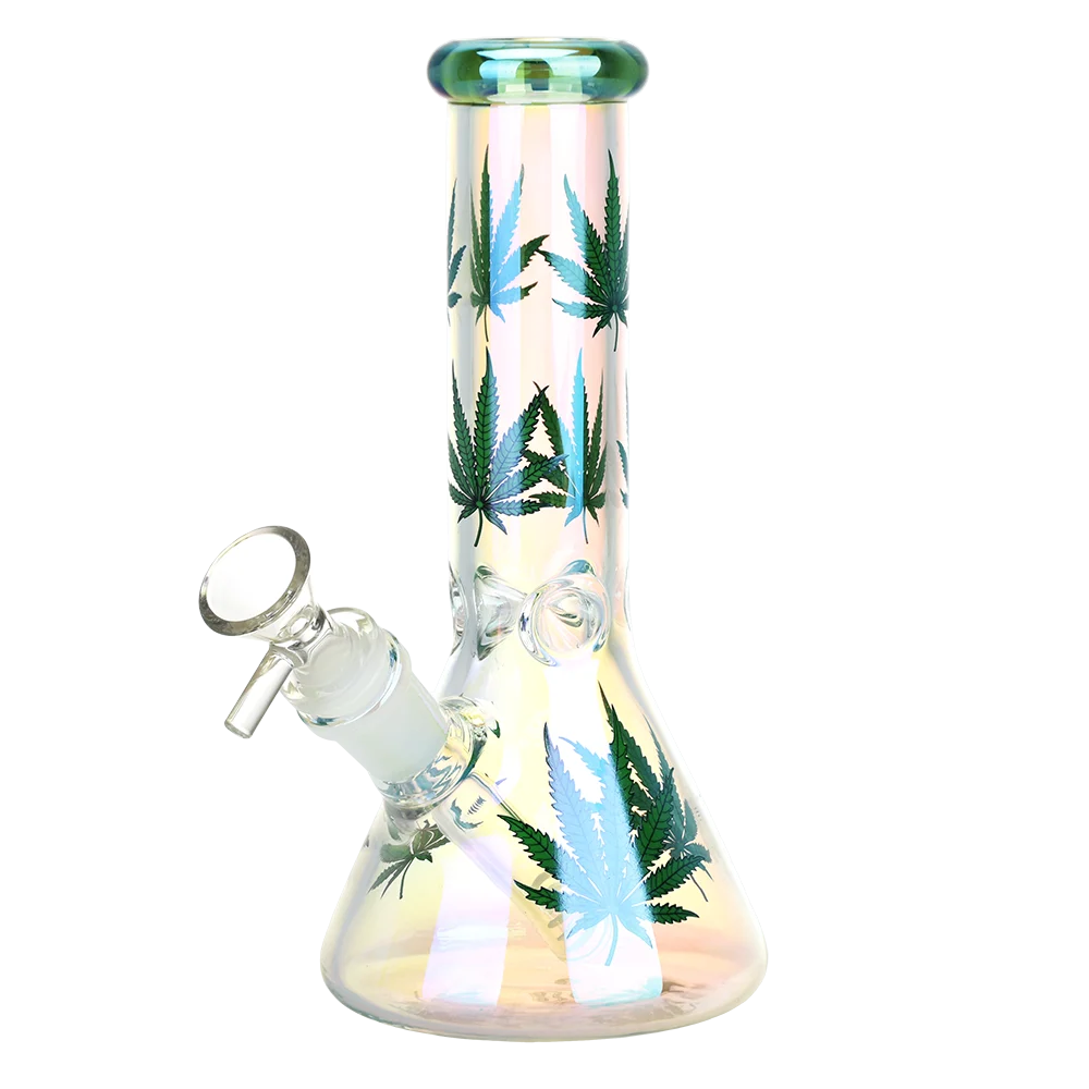 Realistic Hemp Leaf Glass Beaker Water Pipe | 7.75" | 14mm F - New