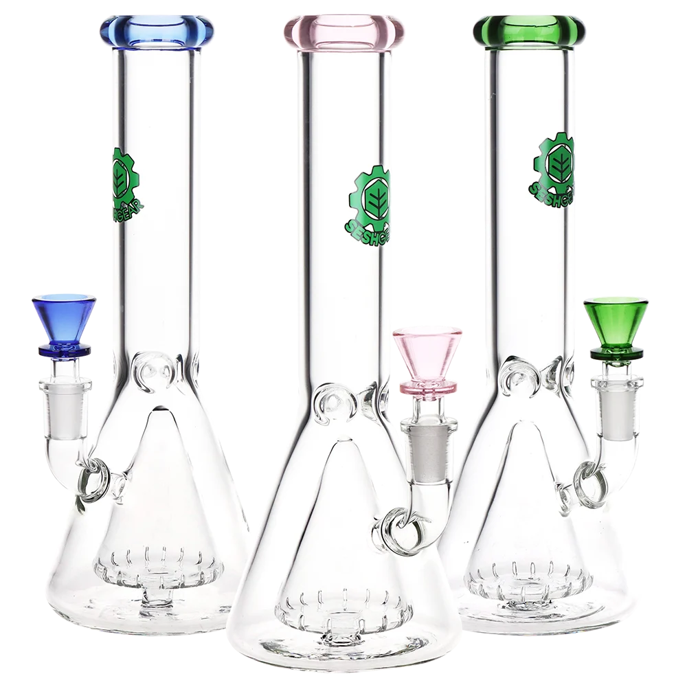 SeshGear Beaker Glass Water Pipe | 10" | 14mm F | Assorted Colors | 3ct Bundle - New