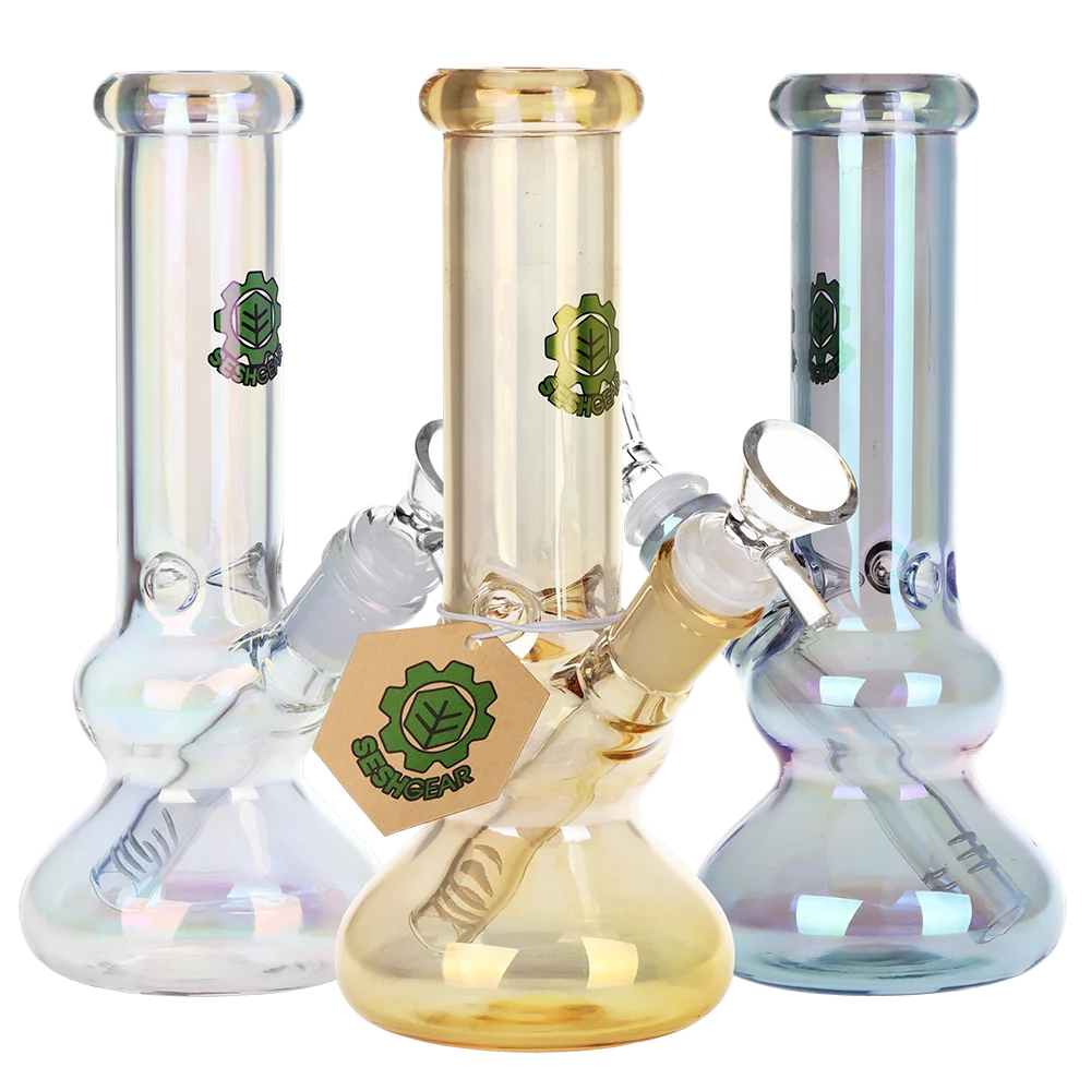 SeshGear Double Bubble Electroplated Glass Water Pipe | 8" | 14mm F | Colors Vary - New