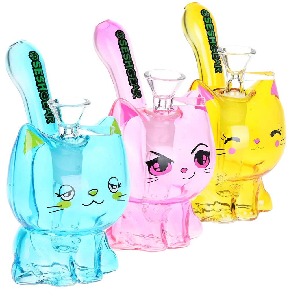 SeshGear Kitty Cat Glass Water Pipe | 5.5" | 14mm F | Colors Vary - New