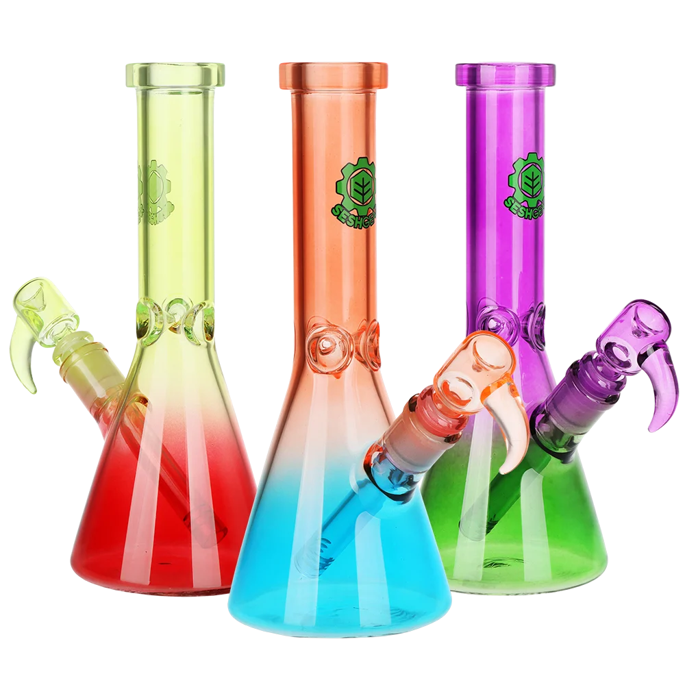 SeshGear Straight Neck Ombre Beaker Glass Water Pipe | 10" | 14mm F | Assorted Colors | 3ct Bundle - New