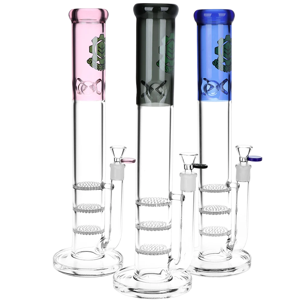 SeshGear Triple Honeycomb Perc Straight Tube Water Pipe | 15" | 14mm F | Colors Vary - New