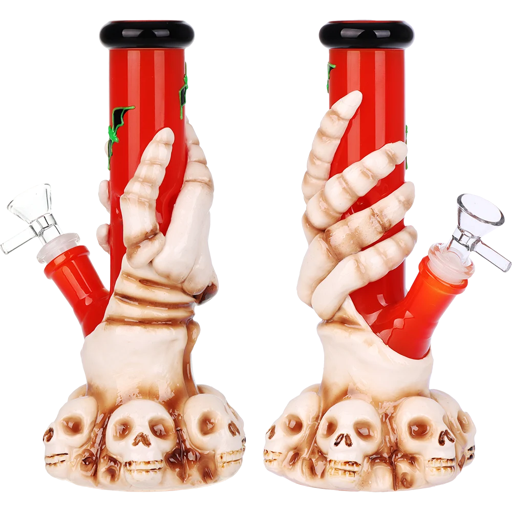 Skelly Grip with Bats Glow Straight Tube Glass Water Pipe | 9" | 14mm F - New