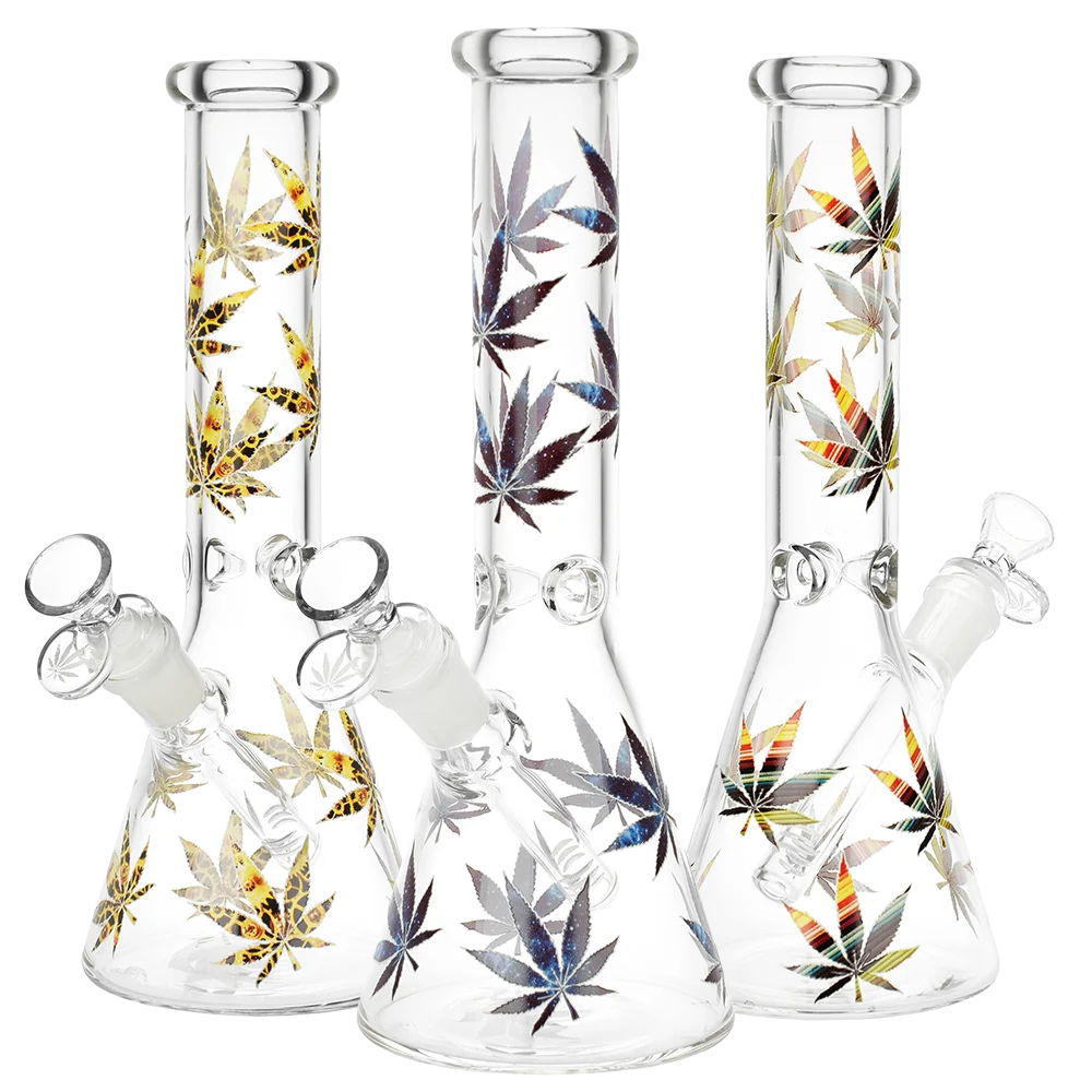 Stylized Hemp Leaf Glow in the Dark Glass Beaker Water Pipe | 10" | 14mm F | Designs Vary - New